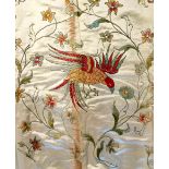 A PAIR OF EDWARDIAN SILK CHINOISERIE STYLE EMBROIDERED SILK CURTAINS, cream silk with a beaded and