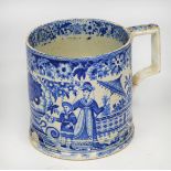 A LATE 18TH/EARLY 19TH CENTURY BLUE AND WHITE POTTERY TANKARD decorated with female harpist and