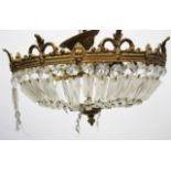 A GILT METAL MOUNTED BAG TYPE LIGHT FITTING with cut glass drops, 41cm diameter