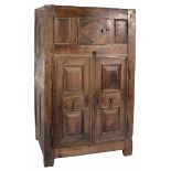 A 17TH CENTURY AND LATER OAK CUPBOARD of pegged panelled construction with the single cupboard