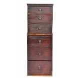 A VICTORIAN STAINED PINE CHEST ON CHEST with three drawers above and three below, each with a turned