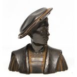 A RENAISSANCE STYLE BRONZE BUST OF A GENTLEMAN, wearing a dapper hat and a fur lined coat, 12cm high