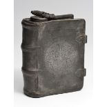 AN ANTIQUE GERMAN PEWTER FLASK in the form of a leather bound book with coat of arms to the front