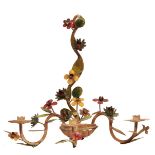 A DECORATED TOLEWARE THREE BRANCH CANDLE SCONCE with scrolling foliate decoration, approximately