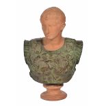 A CAST TERRACOTTA BUST OF AUGUSTUS CAESAR BRONZED BREAST PLATE on a turned socle, 61cm high