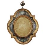 A 19TH CENTURY GILT METAL GOTHIC REVIVAL PICTURE FRAME with oval aperture, the frame inset with faux