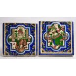 TWO MID TO LATE 19TH CENTURY PERSIAN QAJAR TILES,  each in blue and green glaze depicting a male