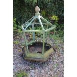 AN ANTIQUE GATE PIER LANTERN of hexagonal form with flame finial, approximately 70cm tall overall