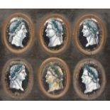 A SET OF SIX 16TH/17TH CENTURY LIMOGES ENAMEL OVAL PLAQUES depicting Roman emperors, set in a single