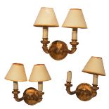 THREE PAIRS OF GILT WOOD TWO BRANCH WALL LIGHTS, each with scrolling arm and circular boss, each