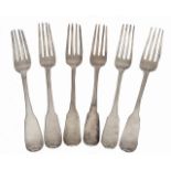 A SET OF SIX GEORGE IV SILVER FIDDLE PATTERN TABLE FORKS, marks for 'Edinburgh, 1821' and makers