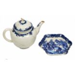 AN 18TH CENTURY WORCESTER BLUE AND WHITE PORCELAIN TEAPOT of bulbous form with a blue crescent