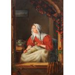 19TH CENTURY IN THE MANNER OF GERRIT DOU: A LADY PEELING FRUIT IN AN INTERIOR, oils on board, 36cm x