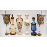 TWO ANTIQUE FRENCH GLASS VASES with floral decoration and two further French vases, converted for