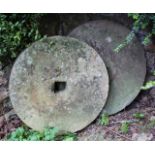 TWO OLD GRINDING WHEELS, one 52.5cm diameter, the other 48.5cm diameter (2)