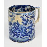 A LATE 18TH/EARLY 19TH CENTURY BLUE AND WHITE POTTERY TANKARD decorated with a lake scene and having