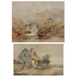 19TH CENTURY ENGLISH SCHOOL, TWO LANDSCAPE WATERCOLOURS AFTER DAVID COX, one bearing a signature,