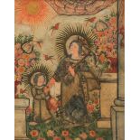 A SMALL 19TH CENTURY, POSSIBLY SPANISH, PICTURE of a female saint and a child in a garden setting,