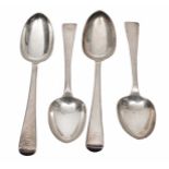 A SET OF FOUR VICTORIAN SILVER TABLE SPOONS OF OLD ENGLISH PATTERN with marks for 'Exeter, 1854' and