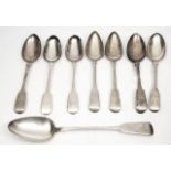 FOUR PAIRS OF GEORGIAN AND LATER FIDDLE PATTERN TABLE SPOONS, makers consisting of 'JB, WE, EL and