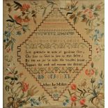 AN EARLY 19TH CENTURY SAMPLER, by Mary J Mollet, 1819, with embroidered floral decoration, 30cm x