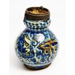 AN ANTIQUE ISLAMIC BLUE GLAZED POTTERY VASE, decorated with birds, rabbits, oxen and floral
