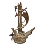 A LATE 19TH CENTURY CONTINENTAL CAST SPELTER THERMOMETER, sculpted as a maiden steering a sailing