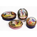 A GROUP OF FOUR GEORGE III ENAMEL PATCH BOXES, two of Navette shape with beaded edges to the central