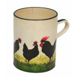A WEMYSS POTTERY TANKARD decorated with a group of chickens, stamped to the base 'Wemyss Ware R.H. &
