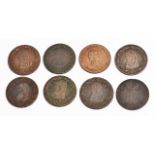 A GROUP OF EIGHT LATE 19TH CENTURY COPPER HALF PENNY TOKENS, to include a 1794 North Wales half