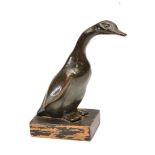 A SMALL ANTIQUE BRONZE SCULPTURE OF A GOOSE mounted on an ebonised wooden plinth, 12cm high overall