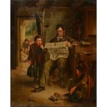 19TH CENTURY ENGLISH SCHOOL 'READING THE NEWS', oil on canvas, indistinctly signed lower right and