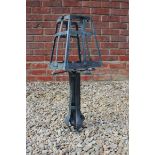 A HANGING COPPER ENTRANCEWAY LANTERN with art nouveau supports and squared tapering body, 63cm high