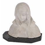 AN ART NOUVEAU ALABASTER BUST OF A YOUNG GIRL wearing a cape with a hood, the sculpture standing