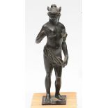 A SMALL ANTIQUE, POSSIBLY ROMAN, BRONZE SCULPTURE OF MERCURY, 11cm high