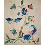 AN 18TH CENTURY SILK CREWEL WORK PANEL ON LINEN of exotic birds, together with a further crewel work