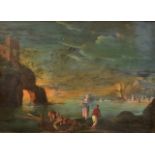 FOLLOWER OF CLAUDE VERNET; fisherfolk unloading the catch at sunset, oils on panel, 24cm x 33.5cm