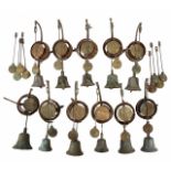 A SET OF TEN 19TH CENTURY SPRING AND PENDULUM SERVANT INDICATOR BELLS, each approximately 41cm in