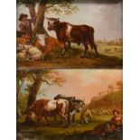 19TH CENTURY ENGLISH SCHOOL, pastoral scenes, a farmer with cattle and sheep beneath a tree and a