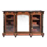 A VICTORIAN EBONISED CREDENZA OR SIDE CABINET with burr walnut veneer and inlaid decoration to the