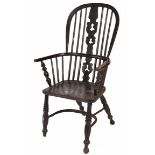 A VICTORIAN ASH AND ELM WINDSOR ARMCHAIR with pierced splat and spindle back, turned supports to the
