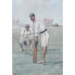 EDMUND G FULLER (ACT 1888-1930) LEG STUMP - PEN, INK AND WATERCOLOUR on paper, a humorous cricketing