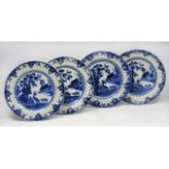 FOUR SIMILAR 18TH CENTURY BLUE AND WHITE CHINESE PORCELAIN PLATES decorated with stylised flora