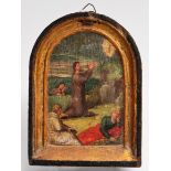 A SMALL DOMED DEVOTIONAL PANEL, perhaps 16th Century Netherlandish, the central oil painting