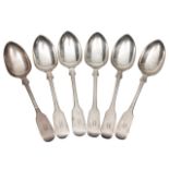 A SET OF SIX VICTORIAN SILVER FIDDLE PATTERN DESSERT SPOONS with marks for 'Exeter, 1842' and makers