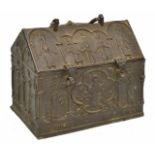 AN ANTIQUE LEAD CASKET decorated with the twelve apostles, 19cm wide