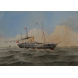 19TH CENTURY ENGLISH SCHOOL: A THREE MASTED STEAM VESSEL AT SEA WITH PASSING YACHT, inscribed