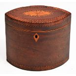 A GEORGE III MAHOGANY NAVETTE SHAPED TEA CADDY with satinwood and ebony crossbanded inlaid