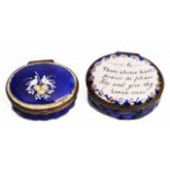 A GEORGE III OVAL BLUE GROUND ENAMEL PATCH BOX decorated in white enamels with two love birds