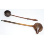 A GEORGIAN PRESSED HORN, SHELL MOULDED TODDY LADLE, 35cm long; together with a turned mahogany toddy